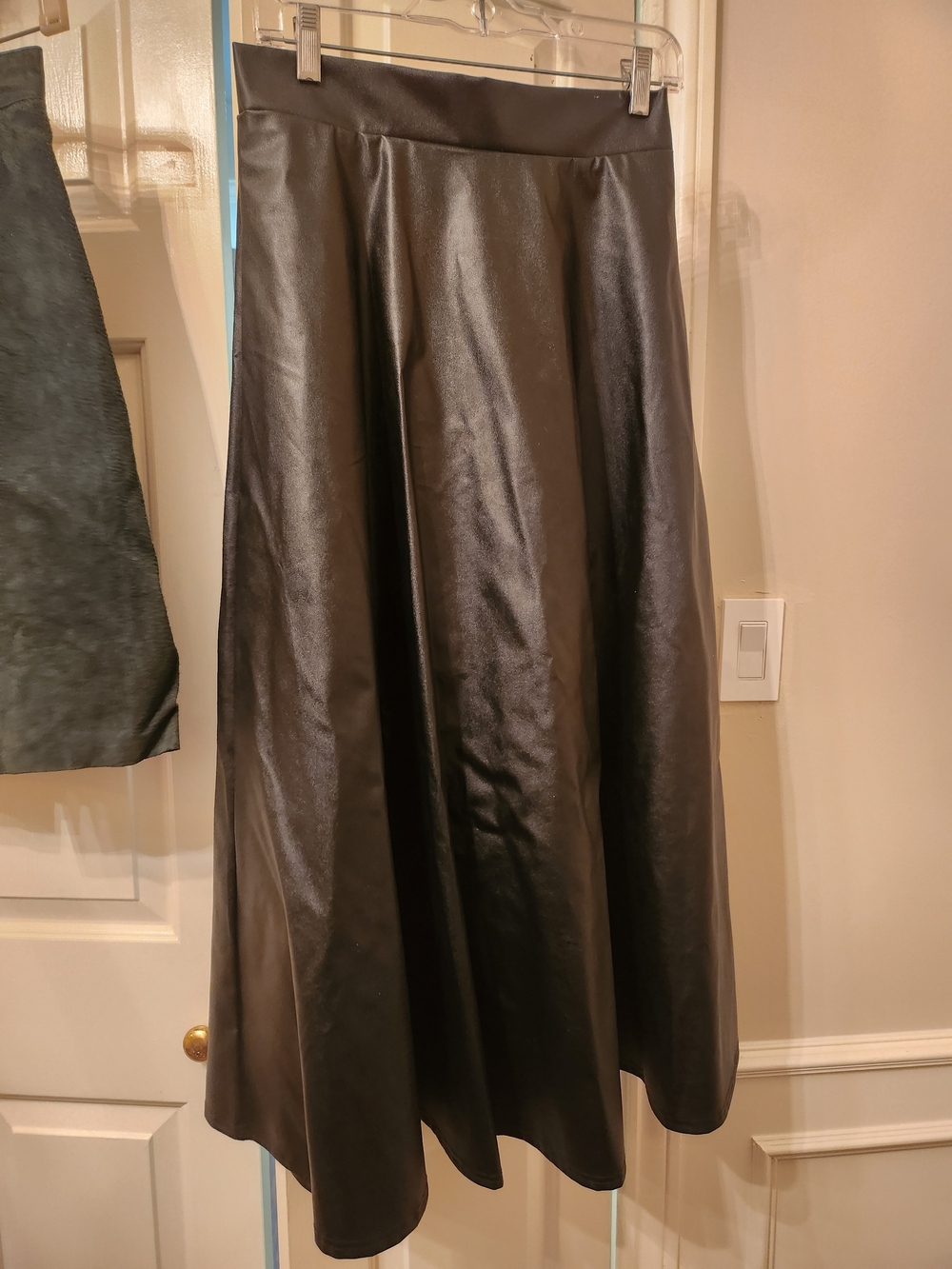 Faux Leather A-Line Midi Skirt — Black